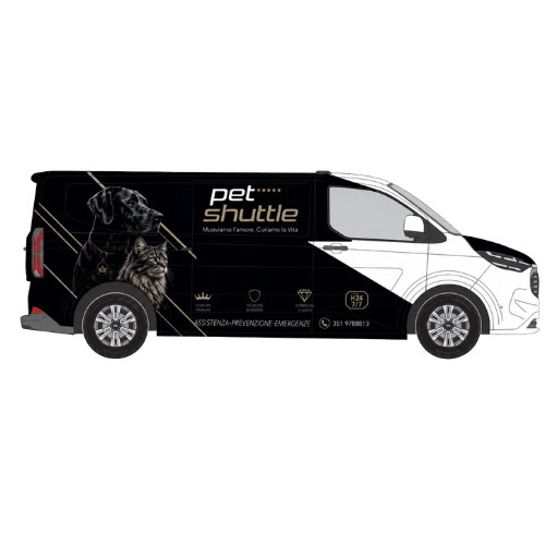 Vista destra del furgone Pet Shuttle per trasporto cani e gatti